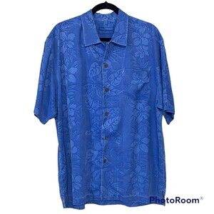 Tommy Bahama Shirt Mens Blue Silk Button Up Short Sleeve Camp Embroidered Large